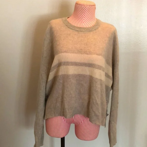 100% Cashmere Cropped Sweater Gray Grey White Stripe Crewneck 360 Cashmere - Picture 1 of 9